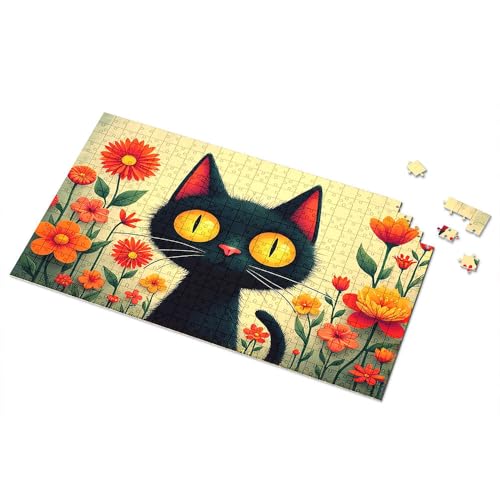 Puzzle für Erwachsene, 300 Teile, schwarze Katze in einem Garten mit orangefarbenen Blumen, Bilder-Puzzles für Erwachsene, 500 Teile Puzzlebrett (500 Teile) von TSGB