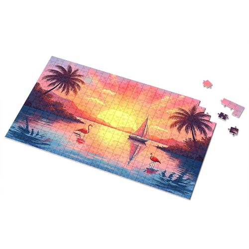 Puzzles für Kinder im Alter von 4–6 Jahren, Sonnenuntergang, Gelassenheit mit Segelboot und Flamingos, Bilderpuzzle, Puzzle, Puzzle, 1000 Teile für Erwachsene (300 Teile) von TSGB