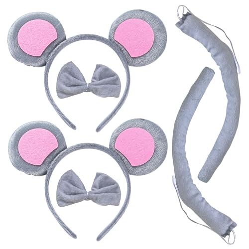 TSHAOUN 2 Sätze Haarreifen mit Maus Ohren, Tier Kostüm Set,Ohren Stirnband Schwanz Tier Verkleidung Set, für Kinder Cosplay Geburtstagsfeier Karneval Weihnachten Party Supplies. (Grau) von TSHAOUN