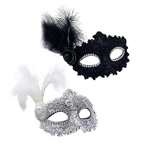 TSHAOUN 2 Stück Venezianische Maske Maskerade Gesichtsmasken Damen Kostüm Federn Maske, Lace Augenmaske Prom Mask für Karneval Kostüm Dekorationen Halloween Party Maskenball von TSHAOUN