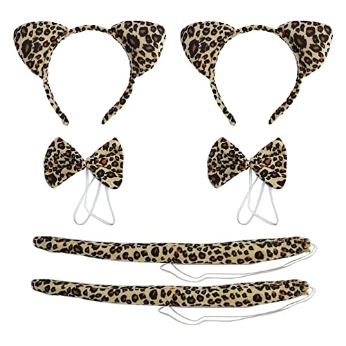 TSHAOUN 2-teiliges Leopardenohren-Stirnband-Set Ohren Schwanz Fliege Tie Katze Ohren Band Bogen Schwanz Kostüm-Set (Leopard) von TSHAOUN