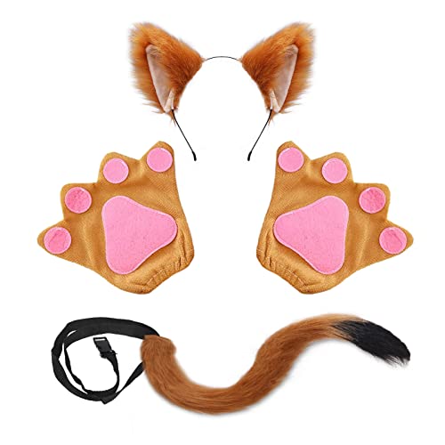 TSHAOUN 4 Stück Faschingskostüm Fuchsohren Cosplay Set Fuchs Ohren Stirnband Fuchsschwanz Pfoten Handschuhe für Halloween Fasching Karneval Party (Fuchs) von TSHAOUN