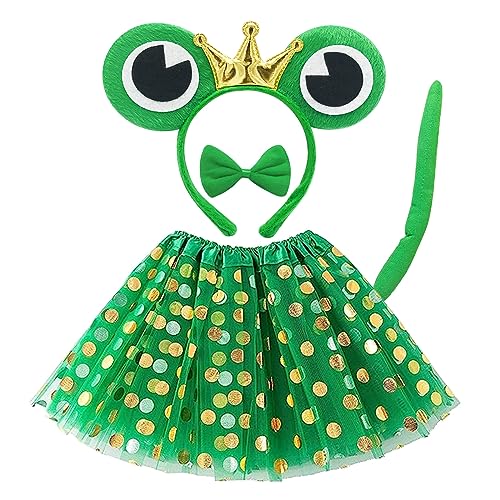 TSHAOUN 4 Stück Froschkostüm, Kostüm Set für Halloween Party Tierkostüm Frosch Stirnband Schleife Schwanz Tutu Kostüme Frösche für Fasching Karneval für Mädchen Geschenk (Grün) von TSHAOUN