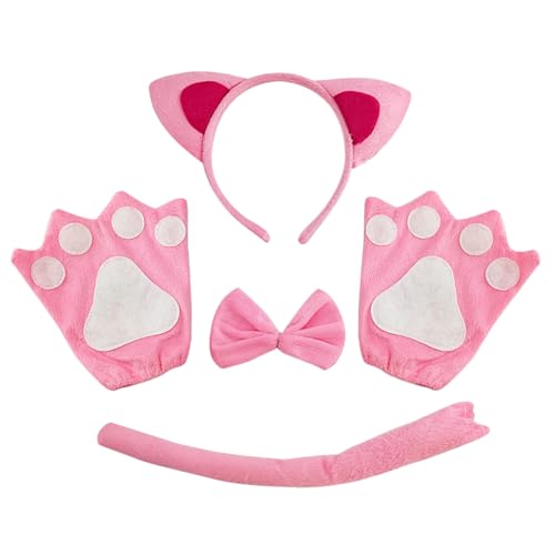 TSHAOUN 4 Stück Kostümset Katze für Kinder, Katze Tierkleid Cosplay Set Katzenohren Stirnband Kätzchen Rosa Ohren Kragen Pfoten Handschuhe für Kinder Halloween Fasching Karneval (Rosa) von TSHAOUN