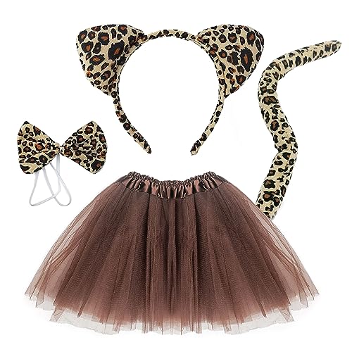 TSHAOUN 4 teiliges Stirnband Set mit Leopardenohren, inklusive Tier Tutu Rock, Kostümohren, Schwanz, Fliege für Kleinkinder Kinder Halloween Verkleidung Geburtstag Kostümzubehör (Leopard) von TSHAOUN