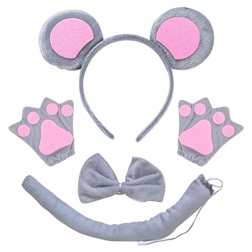 TSHAOUN 4-teiliges Tier-Kostüm-Set, Maus-Ohren, Stirnband, Grau, Ohren, Stirnband, Schwanz, Fliege, Handschuhe, Verkleidungsset, für Kindergeburtstag, Party, Karneval, Cosplay, Weihnachten, TSHAOUN 4-teiliges Tier-Kostüm-Set, Maus-Ohren, Stirnband, Grau, Ohren, Stirnband, Schwanz, Fliege, Handschuhe, Verkleidungsset, für Kindergeburtstag, Party, Karneval, Cosplay, Weihnachten, von TSHAOUN