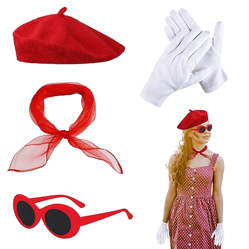 TSHAOUN 4TLG Rockabilly Accessoires 50er Jahre Damen Kleid Zubehör 1950s Kostüm Set, Rote Baskenmütze, Schal, Sonnenbrille, Handschuhe, 60er Jahre Kleidung für Motoparty Retro Teily Party von TSHAOUN