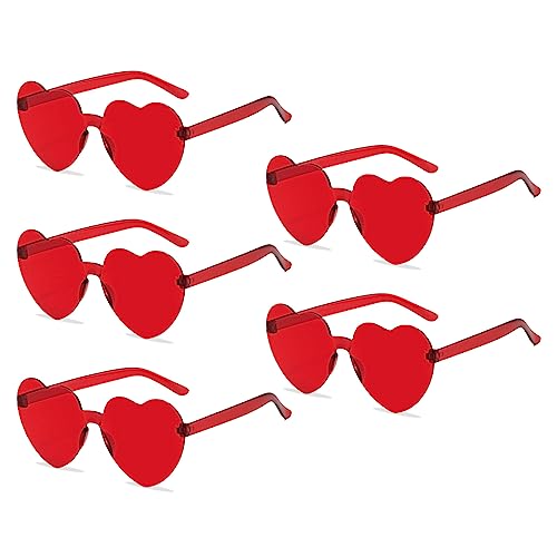 TSHAOUN 5 Paare Herz Sonnenbrille Hippie Brille, Nette Prom-Brille, Randlose Sonnenbrillen in Herzform, Retro Herz Sonnenbrille,Schutz Hippie Herzbrille Aesthetic Heart Glasses Kostümzubehör (Rot) von TSHAOUN