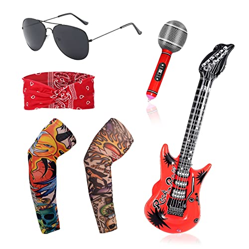 TSHAOUN 6 PCS Punk Gothic Rocker Kit,Vintage rotes Stirnband Tattoo Ärmel Arm Sonnenbrille Aufblasbare Mikrofongitarre Rocker Kit,70s 80s 90s Disco Rocker Verkleidung Zubehör von TSHAOUN