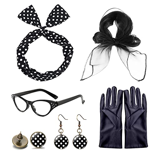 TSHAOUN 6TLG Rockabilly Accessoires, 50er Jahre Rockabilly Kostüm Accessoires Damen 50 Jahre Kostüm Zubehör Set, 1950s Kostüm Set, Schals Brillen Handschuhe Haarband Ohr Zubehör von TSHAOUN