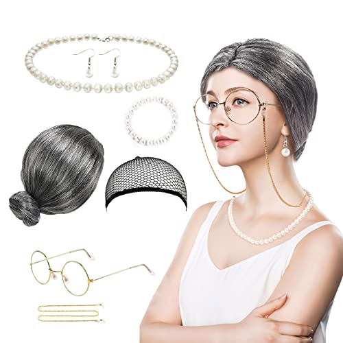 TSHAOUN 7 Stück Oma Kostüm Oma Cosplay Kostümzubehör mit Oma Perücke, Haarkappe, Halskette, Armband, Ohrringen, Brille für Halloween, Karneval, Mardi Gras, Maskerade-Party, Show (Grau) von TSHAOUN