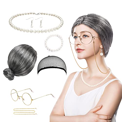 TSHAOUN 7 Stück Oma Kostüm, Oma Cosplay Kostümzubehör mit Oma Perücke, Haarkappe, Halskette, Armband, Ohrringen, Brille für Halloween, Karneval, Mardi Gras, Maskerade-Party, Show (Grau) von TSHAOUN