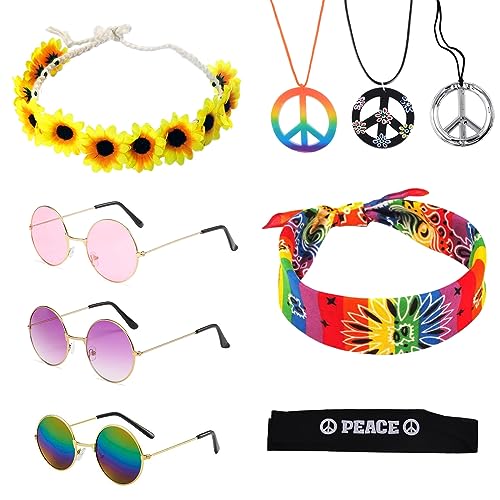 TSHAOUN 9 Stück Retro verkleiden Sich,Hippie Kostüm Set mit Peace Zeichen Halskette Halskette,Runde Sonnenbrille, Sonnenblumen und Buntes Hippie Stirnband, für 70er 80er Mode Thema Party (9 Stück) von TSHAOUN