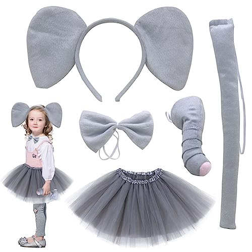 TSHAOUN Elefant Kostüm, Elefant Tierkleid Nette Cosplay Elefanten ohren Stirnband Elefanten Nase Elefant Kragen Schwanz Tutu für Halloween Fasching Karneval Party Favors (Elefant) von TSHAOUN