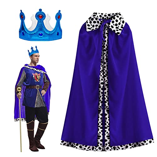 TSHAOUN Erwachsene König Königin Kostüm Königsumhang Königin Umhang mit Krone, Königsmantel Samtumhang Königliche Gewänder für Karneval Halloween Cosplay Mottoparty Krönungszeremonie, 120cm (Blau) von TSHAOUN