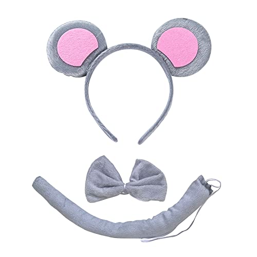 TSHAOUN Haarreifen mit Maus Ohren, Tier Kostüm Set,Ohren Stirnband Schwanz Tier Verkleidung Set, für Kinder Cosplay Geburtstagsfeier Karneval Weihnachten Party Supplies. (Grau) von TSHAOUN