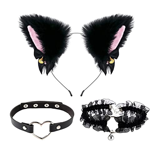 TSHAOUN Katzenohren Haarreif Cat Ears Stirnband Glöckchen Halskette für Damen,Katzenohren Haarreif für Karneval Kostüm Cosplay Mädchen Damen und Kinder von TSHAOUN
