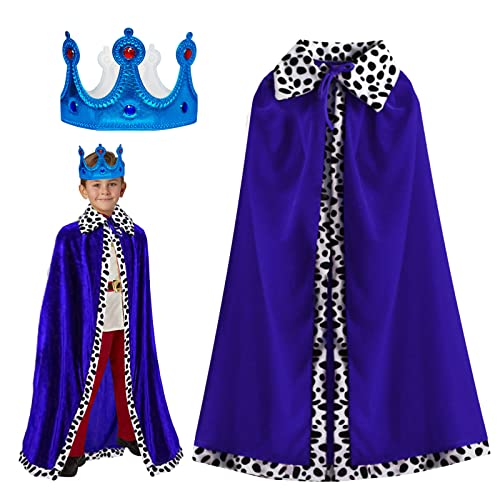 TSHAOUN Kinder Prinz Umhang Königsmantel Königin Umhang mit Krone, Königsumhang Samtumhang Prinz Kostüm Königin Kostüm für Cosplay, Halloween, Kindertag, Karneval, Junge, Mädchen, 80cm (Blue) von TSHAOUN