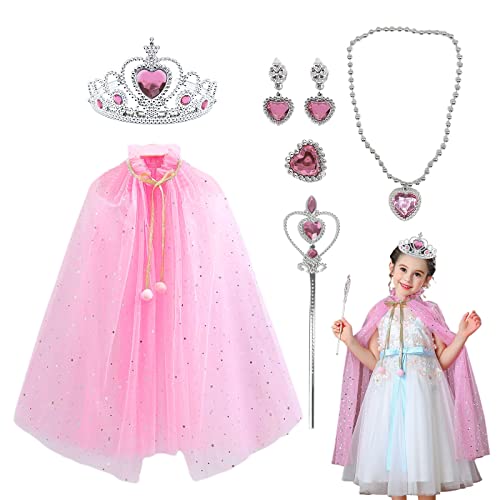 TSHAOUN Kinder Prinzessin Umhang, 6-Teiliges Mädchen Prinzessin Kostüm Zubehör mit Krone, Zauberstab, Halskette, Ring, Ohrring, Prinzessin Mantel für Partys, Rollenspiele, Halloween, Karneval (Pink) von TSHAOUN