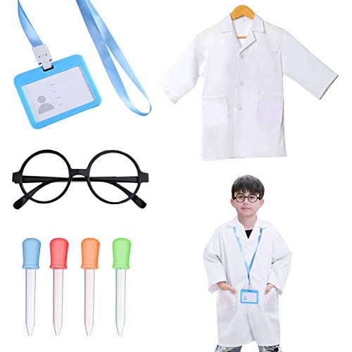 TSHAOUN Kinder Wissenschaftler Kostüm 7-Teiliges Set Arztkitel Laborkittel mit Flüssigkeitstropfer Gläser Arbeitskarte, Kinder Wissenschaftler Arzt Rollenspiel für Halloween, Mottoparty (White) von TSHAOUN