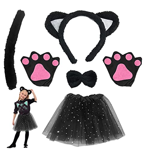 TSHAOUN Kostümset Katze, Katze Tierkleid Cosplay Set Katzenohren Stirnband Kätzchen Schwanz Ohren Kragen Pfoten Handschuhe Schwarzes Tutu Für Halloween Fasching Karneval (Katze) von TSHAOUN