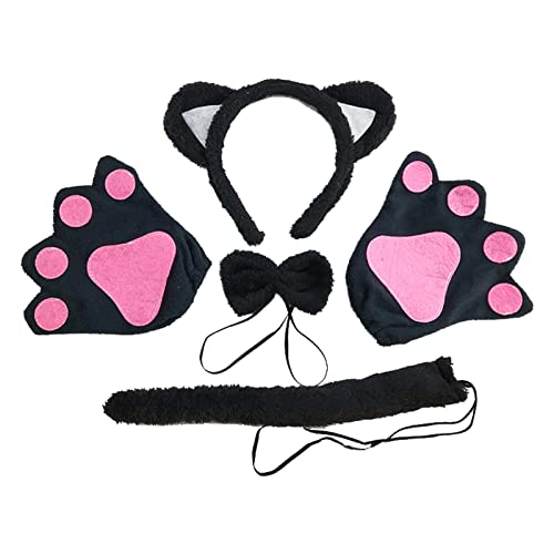 TSHAOUN Kostümset Katze für Kinder, Katze Tierkleid Cosplay Set Katzenohren Stirnband Kätzchen Schwanz Ohren Kragen Pfoten Handschuhe für Kinder Halloween Fasching Karneval Party (Schwarz) von TSHAOUN