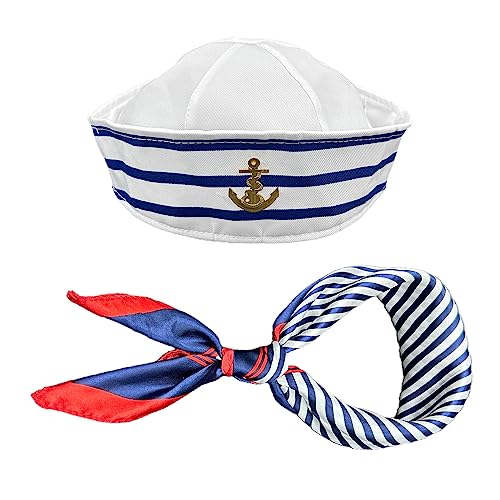 TSHAOUN Sailor Hat Schal Set für Männer und Frauen Blau Weiß Gestreift Seemannsmütze Und Roter Blauer Schals für Mottoparty Cosplay VerkleidungKarneval Foto Requisiten Accessoires (2 Stück) von TSHAOUN