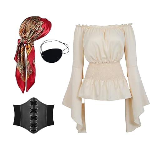 TSIRNK 4 Stück Piratenkostüm Damen-Piraten Kostüm Frauen-Mittelalter Bluse Damen mit Korsett Gürtel,Pirate Accessories-für Halloween Karneval (Beige, 3XL) von TSIRNK