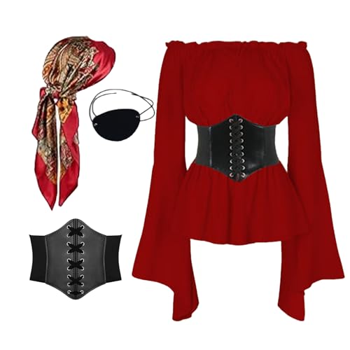 TSIRNK 4 Stück Piratenkostüm Damen-Piraten Kostüm Frauen-Mittelalter Bluse Damen mit Korsett Gürtel,Pirate Accessories-für Halloween Karneval (Rot, XL) von TSIRNK