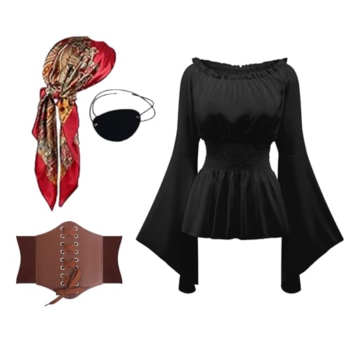 TSIRNK 4 Stück Piratenkostüm Damen-Piraten Kostüm Frauen-Mittelalter Bluse Damen mit Korsett Gürtel,Pirate Accessories-für Halloween Karneval (Schwarz, L) von TSIRNK