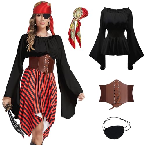TSIRNK 4 Stück Piratenkostüm Damen-Piraten Kostüm Frauen-Mittelalter Bluse Damen mit Korsett Gürtel,Pirate Accessories-für Halloween Karneval (Schwarz, S) von TSIRNK