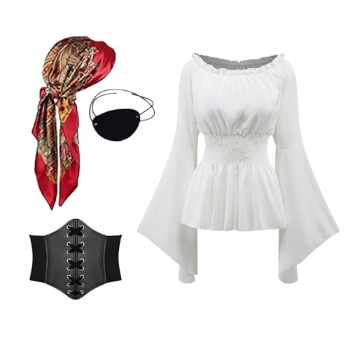 TSIRNK 4 Stück Piratenkostüm Damen-Piraten Kostüm Frauen-Mittelalter Bluse Damen mit Korsett Gürtel,Pirate Accessories-für Halloween Karneval (Weiß, M) von TSIRNK
