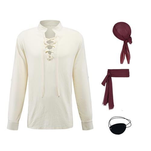 TSIRNK 4 Stück Piratenkostüm Herren,Piraten Kostüm Männer Mittelalter Renaissance Hemd mit Pirate Accessories für Halloween Karneval Party (Beige, L) von TSIRNK