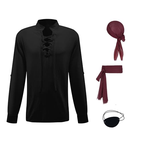 TSIRNK 4 Stück Piratenkostüm Herren,Piraten Kostüm Männer Mittelalter Renaissance Hemd mit Pirate Accessories für Halloween Karneval Party (Schwarz, 3XL) von TSIRNK