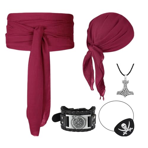 TSIRNK 5 Stück Mittelalter Pirate Accessories-Piratenkostüm Damen Herren Set mit Piraten Kopftuch Bandanas Piraten Schärpe Gürtel für Halloween Karneval Cosplay Party (Burgunderrot) von TSIRNK