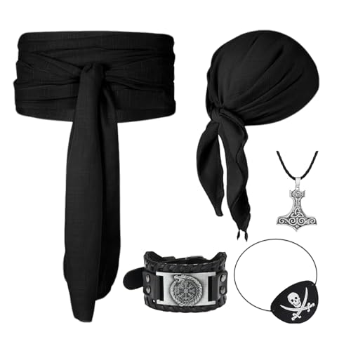 TSIRNK 5 Stück Pirate Accessories-Piratenkostüm Damen Herren Set mit Piraten Kopftuch Bandanas Piraten Schärpe Gürtel für Halloween Karneval Cosplay Party (Schwarz) von TSIRNK