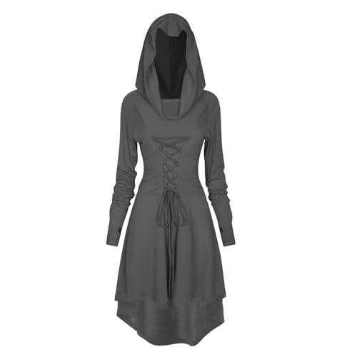 TSIRNK Gothic Kleid Damen,Mittelalter Kleidung Damen,Halloween Kostüm,Renaissance Mit Kapuze Kleid für Halloween Karneval (Grau, XXL) von TSIRNK