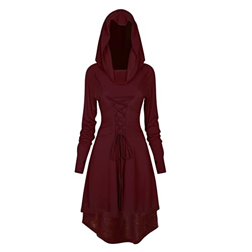 TSIRNK Gothic Kleid Damen,Mittelalter Kleidung Damen,Halloween Kostüm,Renaissance Mit Kapuze Kleid für Halloween Karneval (Weinrot, L) von TSIRNK