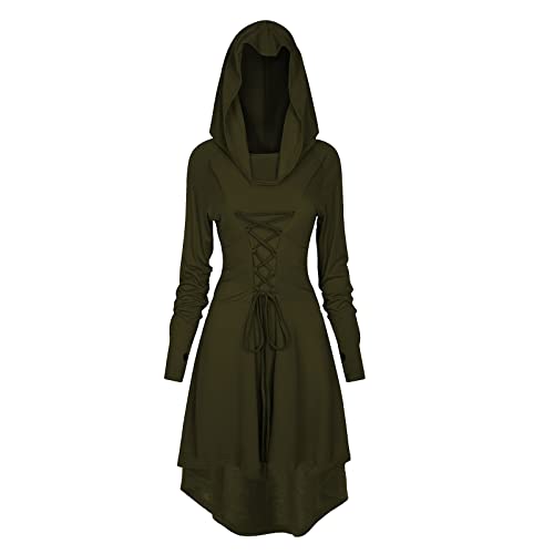 TSIRNK Gothic Kleid Damen,Mittelalter Kleidung Damen,Halloween Kostüm,Renaissance Mit Kapuze Kleid für Halloween Karneval (Armeegrün, 3XL) von TSIRNK