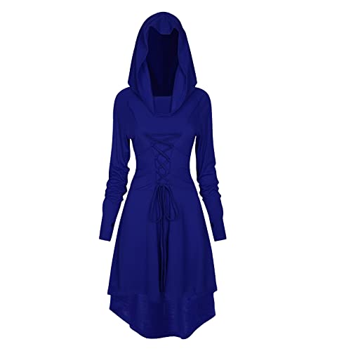 TSIRNK Gothic Kleid Damen,Mittelalter Kleidung Damen,Halloween Kostüm,Renaissance Mit Kapuze Kleid für Halloween Karneval (Blau, 3XL) von TSIRNK
