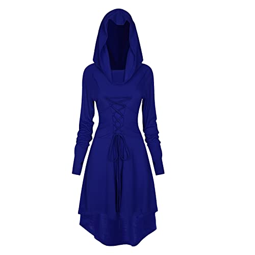 TSIRNK Gothic Kleid Damen,Mittelalter Kleidung Damen,Halloween Kostüm,Renaissance Mit Kapuze Kleid für Halloween Karneval (Blau, 4XL) von TSIRNK