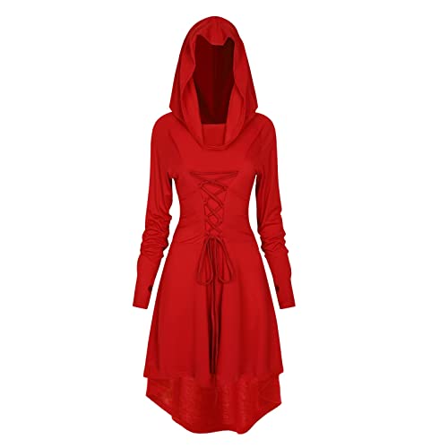 TSIRNK Gothic Kleid Damen,Mittelalter Kleidung Damen,Halloween Kostüm,Renaissance Mit Kapuze Kleid für Halloween Karneval (Rot, 3XL) von TSIRNK