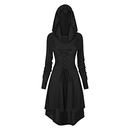 TSIRNK Gothic Kleid Damen,Mittelalter Kleidung Damen,Halloween Kostüm,Renaissance Mit Kapuze Kleid für Halloween Karneval (Schwarz, L) von TSIRNK