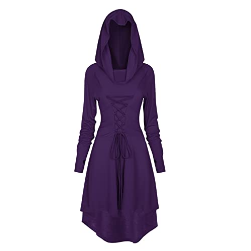 TSIRNK Gothic Kleid Damen,Mittelalter Kleidung Damen,Halloween Kostüm,Renaissance Mit Kapuze Kleid für Halloween Karneval (Violett, L) von TSIRNK