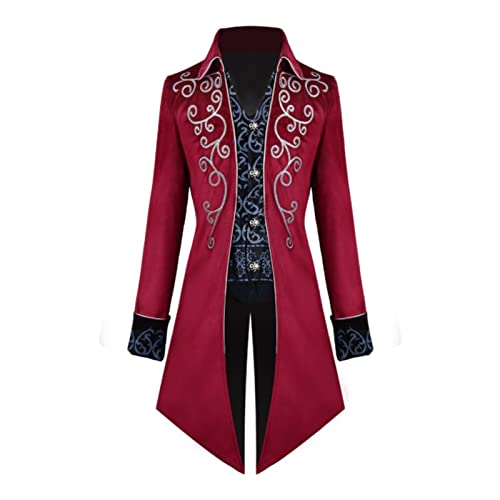 TSIRNK Mittelalter Kleidung Herren,Halloween Kostüm Herren,Herren Steampunk Vintage Frack Jacke (Rot, 2XL) von TSIRNK