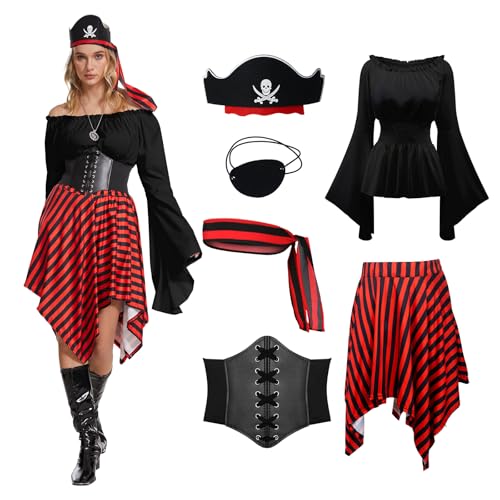 TSIRNK Piratenkostüm Damen-6 Stück Piraten Kostüm Frauen mit Mittelalter Bluse Damen-Pirate Kleid-Pirate Accessories-für Halloween Karneval (Schwarz, XS) von TSIRNK