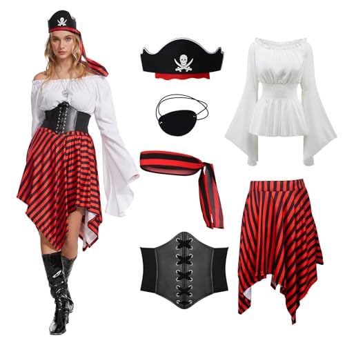 TSIRNK Piratenkostüm Damen-6 Stück Piraten Kostüm Frauen mit Mittelalter Bluse Damen-Pirate Kleid-Pirate Accessories-für Halloween Karneval (Weiß, L) von TSIRNK