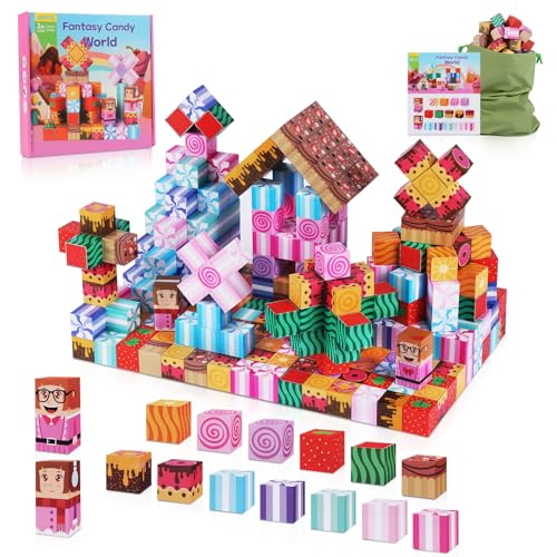 TSKER Magnetische Bausteine - 100 Pcs Magnet Spielzeug, Magnetic Blocks Bauen Fantasiewelt - Süßigkeitenwelt, Princess's STEM Montessori-Sensorikspielzeug Geeignetes Geschenk für Kinder ab 3 4 5Jahren von TSKER