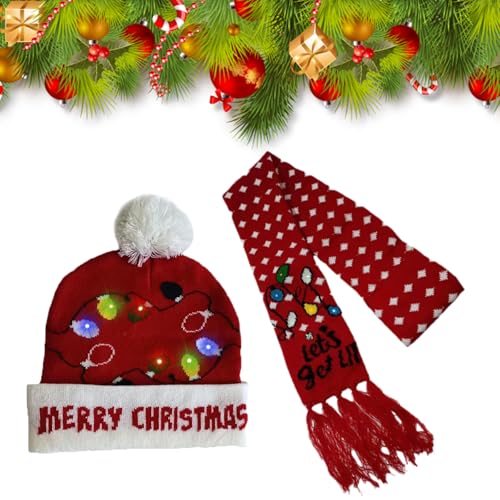 TSLBW 2 Stück Weihnachts LED Mützen Schal Set Weihnachten Beanie Strickmütze Licht Schal Weihnachts mütze und schal mit Licht Unisex LED Weihnachtshutschal für Kinder Winter Xmas Geschenke (Rot) von TSLBW