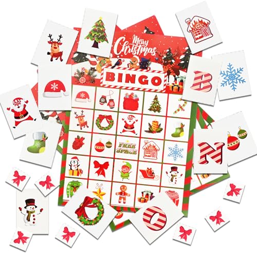 TSLBW 32 Stück Spieler Weihnacktskarten Bingo, 5 * 7in Christmas Bingo Spiel Karten, für 32 Spieler Xmas Christmas Party, Kartenspiele, Schule Klassenzimmer Spiele von TSLBW